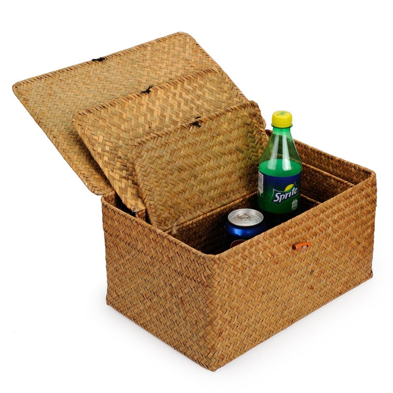 DOKOT Woven Wicker Storage Bins with Lid, Seagrass Basket for Shelf Organizer, Extra Large, Set of 3 - Image 3